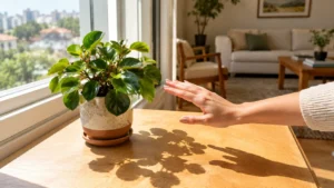Mão avaliando a intensidade da luz natural ao lado de uma peperômia em apartamento residencial brasileiro.