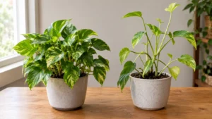 Duas plantas jiboias em vasos separados, uma com folhas saudáveis e crescimento compacto e outra com hastes alongadas devido à pouca luz.