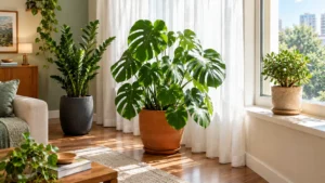 Zamioculca, monstera e planta-jade posicionadas em diferentes níveis de luz dentro de um apartamento brasileiro.