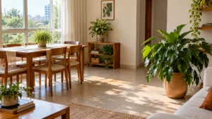Sala residencial brasileira com clorofito, aglaonema e filodendro posicionados conforme a intensidade da luz natural disponível.